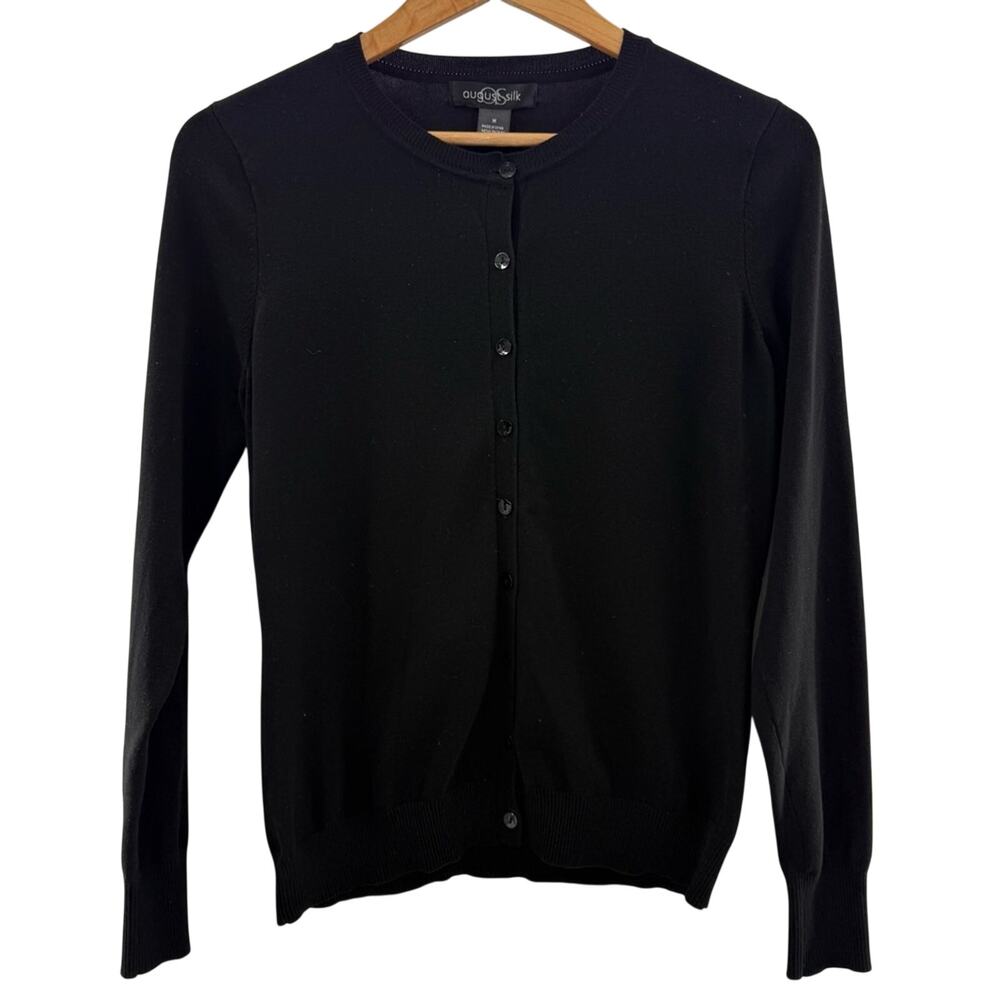 August Silk Button Front Silk Blend Cardigan Black Size Medium